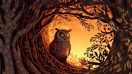 Multi-Dimensional Paper Cut Craft Paper Illustration of an Owl
