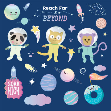 Space Cartoon Guide for Kids. Consists of planets, rockets, astronauts (panda, cat, monkey), space donut, rocket cloud graphic, gradient clouds, stars, comets, and unicorn constellation