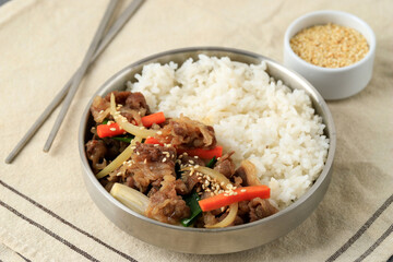 Korean Beef Bulgogi with Stir Fry Vegetable over White Rice