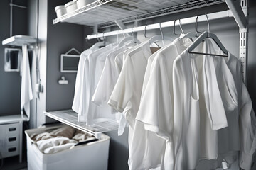 Clean clothes on hangers in the laundry room. Neural network AI generated art Generative AI