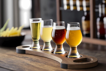 Flight of beer for tasting on a bar counter with a blurred background, generative AI - obrazy, fototapety, plakaty