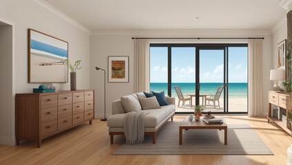 Living room with a view of the ocean, generative ai