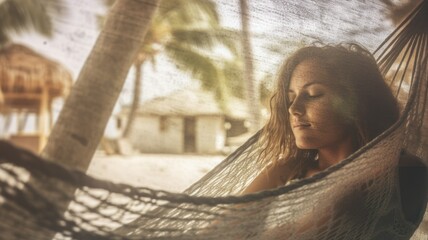A young woman relaxing in a hammock at the beach. Summer holidays vacations illustration concept. Generative AI.