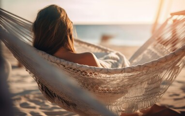 A young woman relaxing in a hammock at the beach. Summer holidays vacations illustration concept. Generative AI.