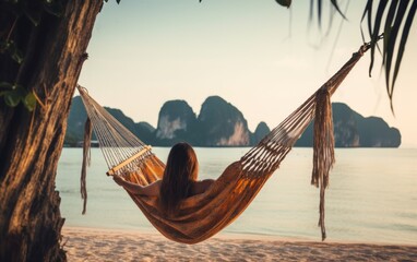 A young woman relaxing in a hammock at the beach. Summer holidays vacations illustration concept. Generative AI.