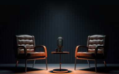 two chairs and microphones in podcast interview talk show room copy space background Generative AI