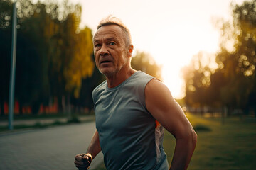 Middle aged man running in park with trees in background at sunset. Generative AI
