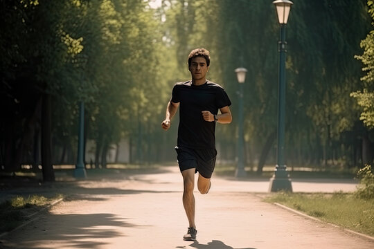 Man running in park with trees in background, sunny warm day. Generative AI