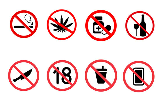 Prohibition signs like. No Smoking. Take medicine. Carrying narcotics is prohibited. And others. Stock vector illustration.