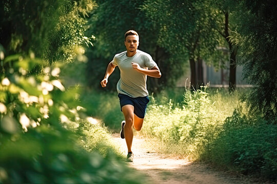 Young man running in park with trees in background, sunny warm day. Generative AI