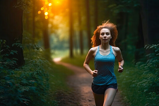 Young woman running in park with trees in background, at sunset. Generative AI