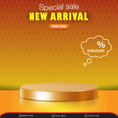 special sale new arrival discount square social media post template banner with copy space 3d podium with abstract gradient orange and yellow background design