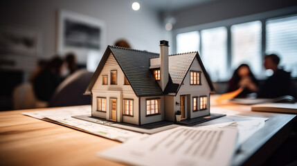 Small Model House Resting on Real Estate Documents As Buyers Discuss Their Agreement - Generative AI.