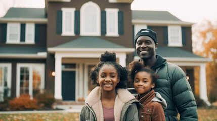 Happy African American Young Family Proudly Standing In Front of Their New House - Generative AI.