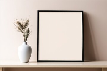 Empty horizontal frame mockup in modern minimalist interior with plant in trendy vase on beige wall background. Template for artwork, painting, photo or poster. Generative AI