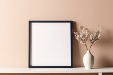 Empty horizontal frame mockup in modern minimalist interior with plant in trendy vase on beige wall background. Template for artwork, painting, photo or poster. Generative AI