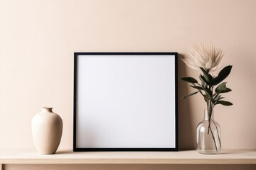 Empty horizontal frame mockup in modern minimalist interior with plant in trendy vase on beige wall background. Template for artwork, painting, photo or poster. Generative AI