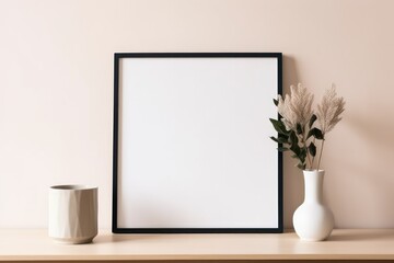 Empty horizontal frame mockup in modern minimalist interior with plant in trendy vase on beige wall background. Template for artwork, painting, photo or poster. Generative AI