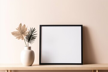 Empty horizontal frame mockup in modern minimalist interior with plant in trendy vase on beige wall background. Template for artwork, painting, photo or poster. Generative AI