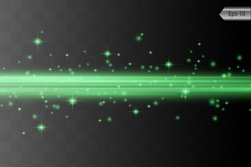 Green horizontal lens flares pack. Laser beams, horizontal light rays.Beautiful light flares. Glowing streaks on dark background. Luminous abstract sparkling lined background.