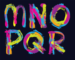 colorful brush painting font set. M, N, O, P, Q, R