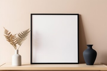 Fototapeta premium Empty horizontal frame mockup in modern minimalist interior with plant in trendy vase on beige wall background. Template for artwork, painting, photo or poster. Generative AI