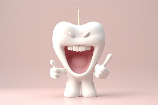 3D White Tooth Cartoon Characters with Thumbs Up - Cleaning and Whitening Teeth Concept on Bright Background, Tooth cartoon characters with thumbs up on bright background Generative ai