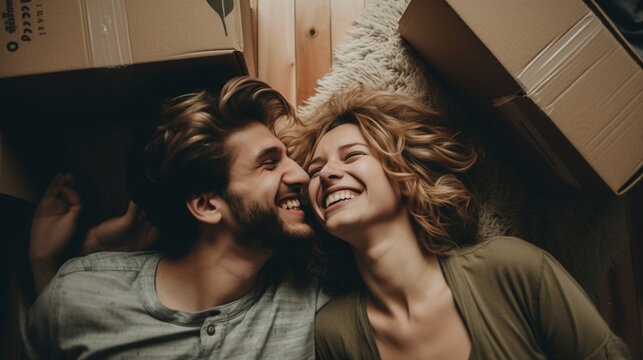 Happy Young Adult Couple Laying on the Floor Of Their New Home with Moving Boxes Surrounding Them - Generative AI.