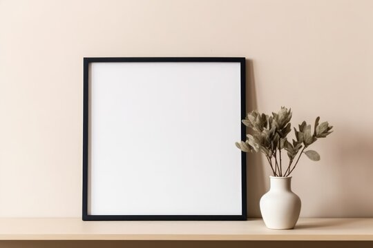 Empty horizontal frame mockup in modern minimalist interior with plant in trendy vase on beige wall background. Template for artwork, painting, photo or poster. Generative AI © Adriana