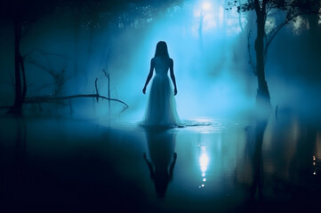 A Female Ghost Standing in a Lake at Night Generative AI