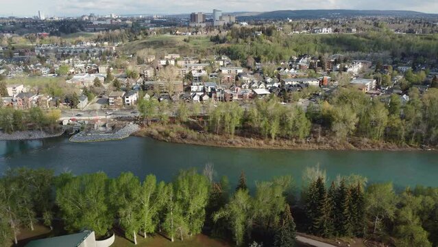 Aerial view of Calgary's skyline along Prince's Island Park and the Bow River.