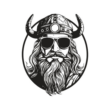 viking wearing sunglasses, vintage logo line art concept black and white color, hand drawn illustration