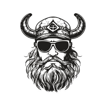 recommend clip art: viking wearing sunglasses, vintage logo line art concept black and white color, hand drawn illustration