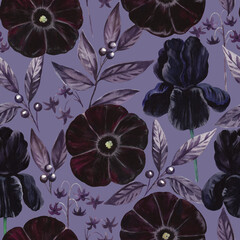 Gothic floral seamless pattern with watercolor black and purple velvet flowers. Textile and design print in victorian luxury style.