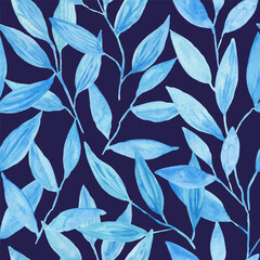 Minimalist hand drawn abstract seamless pattern with blue branches and leaves. Modern trendy textured vector illustration