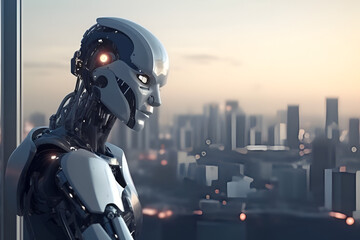Artificial intelligence, robot thinking about world, looking at the city. Futuristic concept.