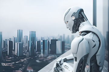 Artificial intelligence, robot thinking about world, looking at the city. Futuristic concept.