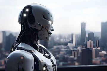Artificial intelligence, robot thinking about world, looking at the city. Futuristic concept.