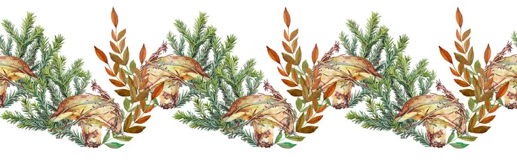 Gardinen Dschungel Seamless rim with watercolor autumn composition. Mushroom slippery jack and orange red leaves and fir branch on white background. Hand-drawn forest food for frame or cookbook. Border for kitchen  © NatashaKun