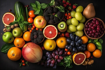 Naklejka na ściany i meble Healthy food clean eating selection: fruit, vegetable, seeds, superfood, leaf vegetable on dark wooden background. Created with generative AI tools.