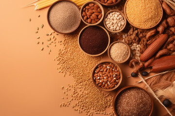 Fototapeta na wymiar Top view of variety natural organic cereal and grain seed for healthy food ingredient or agricultural product concept
