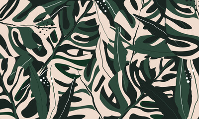 Modern exotic jungle plants vector seamless floral pattern background. Tropical palm, monstera leaves, jungle leaf