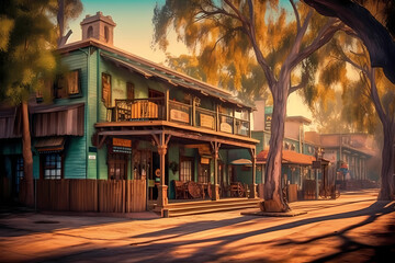 Old West town painting illustration - obrazy, fototapety, plakaty