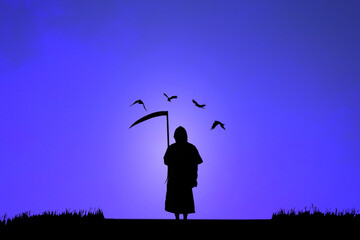 The silhouette of Grim Reaper with crows flying around him in an atmosphere of blue light.