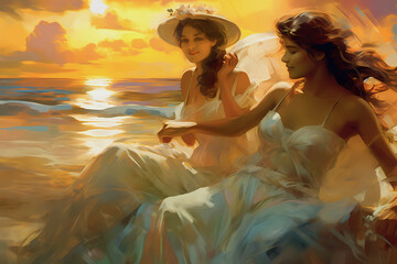 romance historical of two girls or women painted in lush historic fantasy novel style