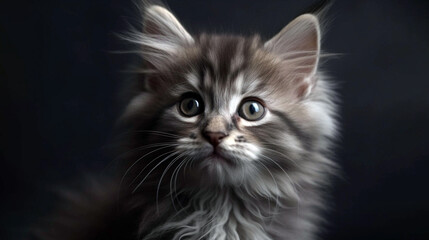Naklejka na ściany i meble little fluffy kitten on a gray background looking up. studio portrait of gray kitten. AI Generative