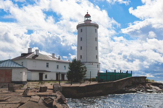 Tolbukhin island lighthouse, Saint-Petersburg, Kronstadt, Gulf of Finland view, Russia in a summer sunny day, lighthouses of Russia travel