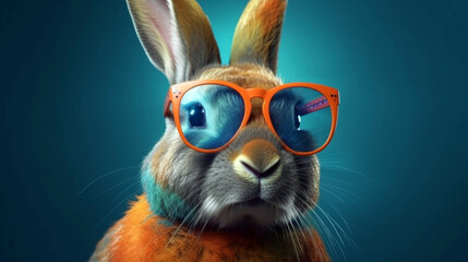 Plakat Little baby rabbit with cute fur and sunglasses. AI Generative