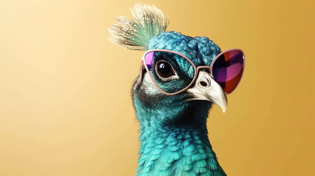 Beautiful peacock with sunglasses. bird with ornamental feathers decorative elegant. AI Generative