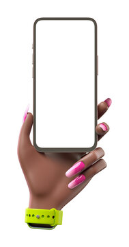 Left hand of black african american woman with green smart watch showing mobile phone with blank screen. Phone mockup Isolated on transparent background. 3D render